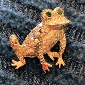 Gold-Tone Frog Brooch with Green Eyes and Aurora Rhinestones